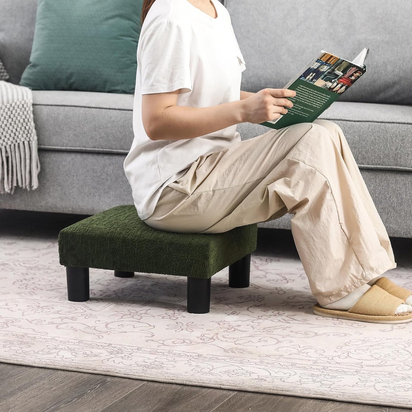 Joveco Small Foot Rest Stool Ottoman, 3D Velvet Square Upholstered Footstool for Chair, Under Desk, Office, Living Room, Deep Green