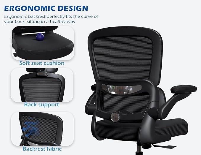 TRALT Ergonomic Office Chair - Desk Chair with Adjustable Lumbar Support Computer Chair - Mesh Comfy Chair with Flip-up Armrests - Gaming Chairs for Adults Home Office (Leather, Black)