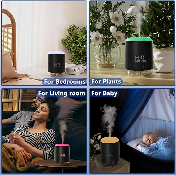 Colorful Mini Humidifier, USB Rechargeable Humidifier, small humidifier, 4 Modes Super Quiet, Humidifiers For Bedroom,Suitable For Travel Office Family Baby Bedroom-Black