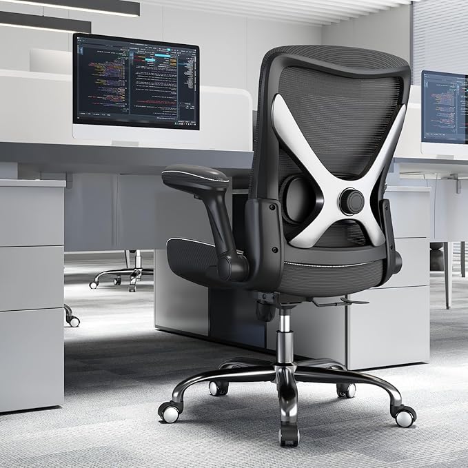 Ergonomic Office Chair-Computer PU Leather X-Shaped Desk Chair-Gaming Chair with Adjustable Flip-up Armrests Lumbar Support Mesh Executive Chair for Long Hours Office (Black-Silver)