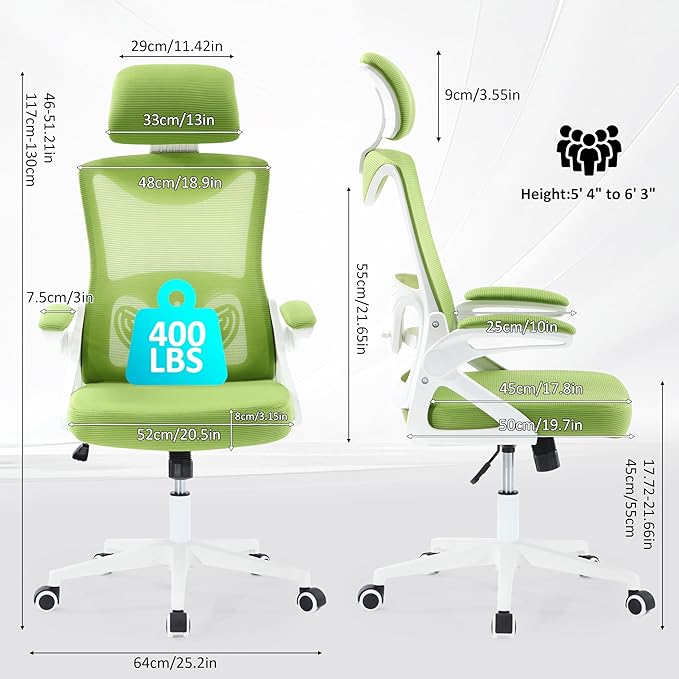 Fizzin Ergonomic Office Chair 400 LBS, High Back Desk Chair with Adjustable Lumbar Support, Mesh Computer Chair with Thicker Seat Cushion and Tilt Function for Home Offices (Green)