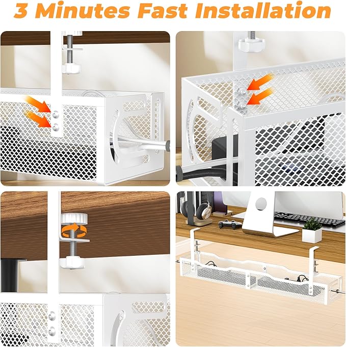 Under Desk Cable Management Tray, 15.7'' No Drill Steel Desk Cable Organizers, Wire Management Tray Cable Management Rack (24.4" Length-White)