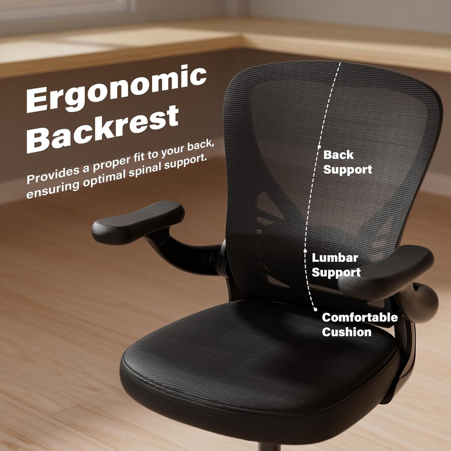 GYI Computer Desk Chair, Ergonomic Office Desk Chairs with Mesh Back, Adjustable Lumbar Support, Height, 3D Flip-up Arms, Wheels, Rocking Function, Black