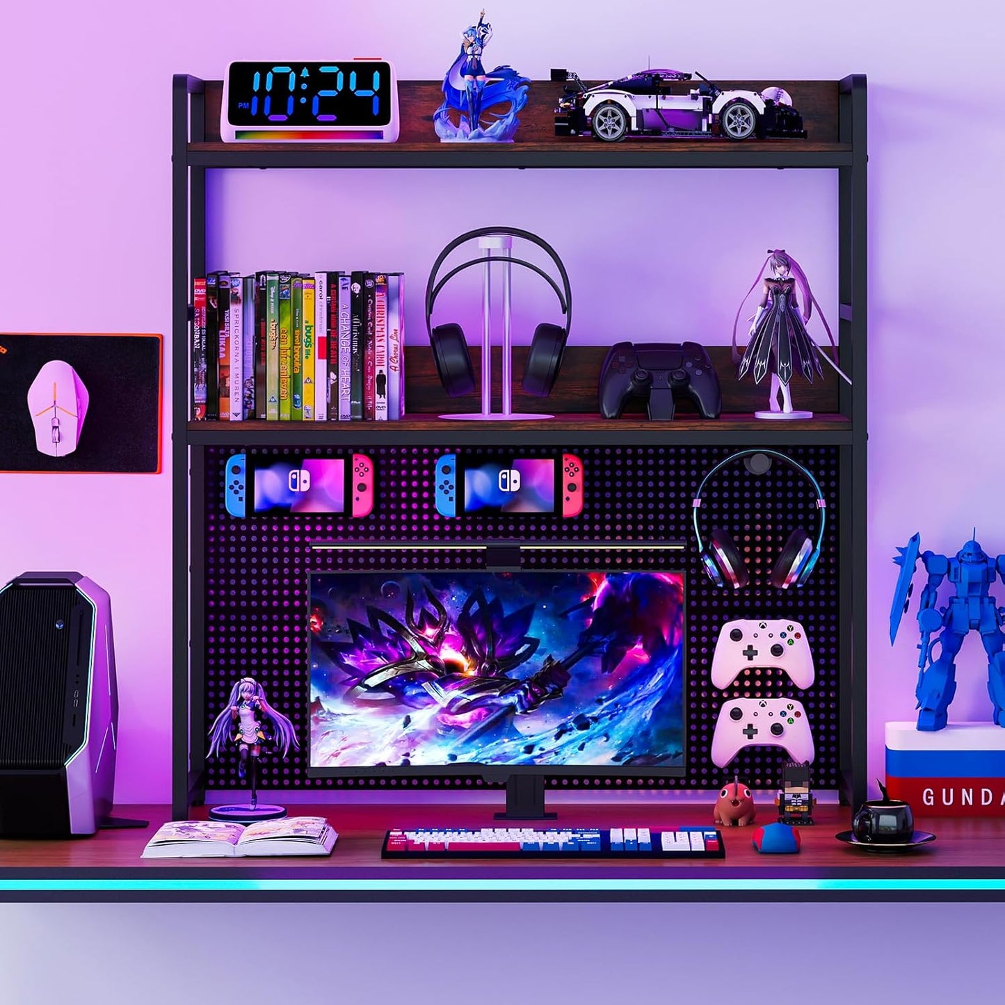 GOFLAME Desktop Bookshelf with Pegboard, 37 Inch Industrial Desk Hutch for Computer Monitor, 2-Tier Countertop Organizer Shelf with Safety Guardrails for Home Office, Dorm, Study, Rustic Brown