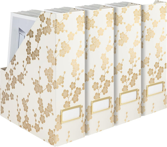 BLU MONACO Decorative Foldable Magazine Storage Boxes for Desk – Set of 4 with Gold Floral Pattern & Gold Label Holder – Ideal for Book Organization & Vertical File Storage