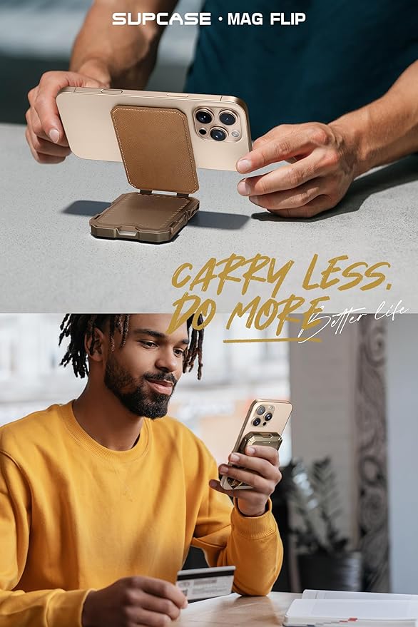 SUPCASE for MagSafe Wallet with Stand, Magnetic Genuine Leather Wallet for Men, [Hold 5 Cards] [Adjustable Stand] [RFID Blocking] Phone Stand Card Holder Tripod for iPhone 16/15/14/13/12 Series, Brown