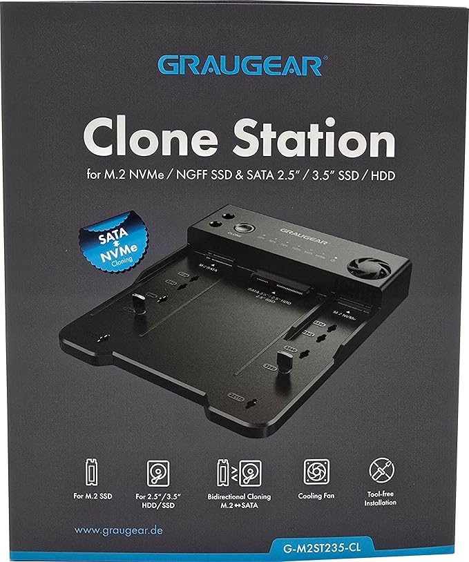 GRAUGEAR M.2 NVMe & SATA SSD/HDD Docking Station, USB-C 10Gbps Clone Station for M.2 PCIe NVMe + SATA 2.5”/3.5” SSD & HDD Converter, Offline Cloning, Tool-Free, Built-in Cooling Fan