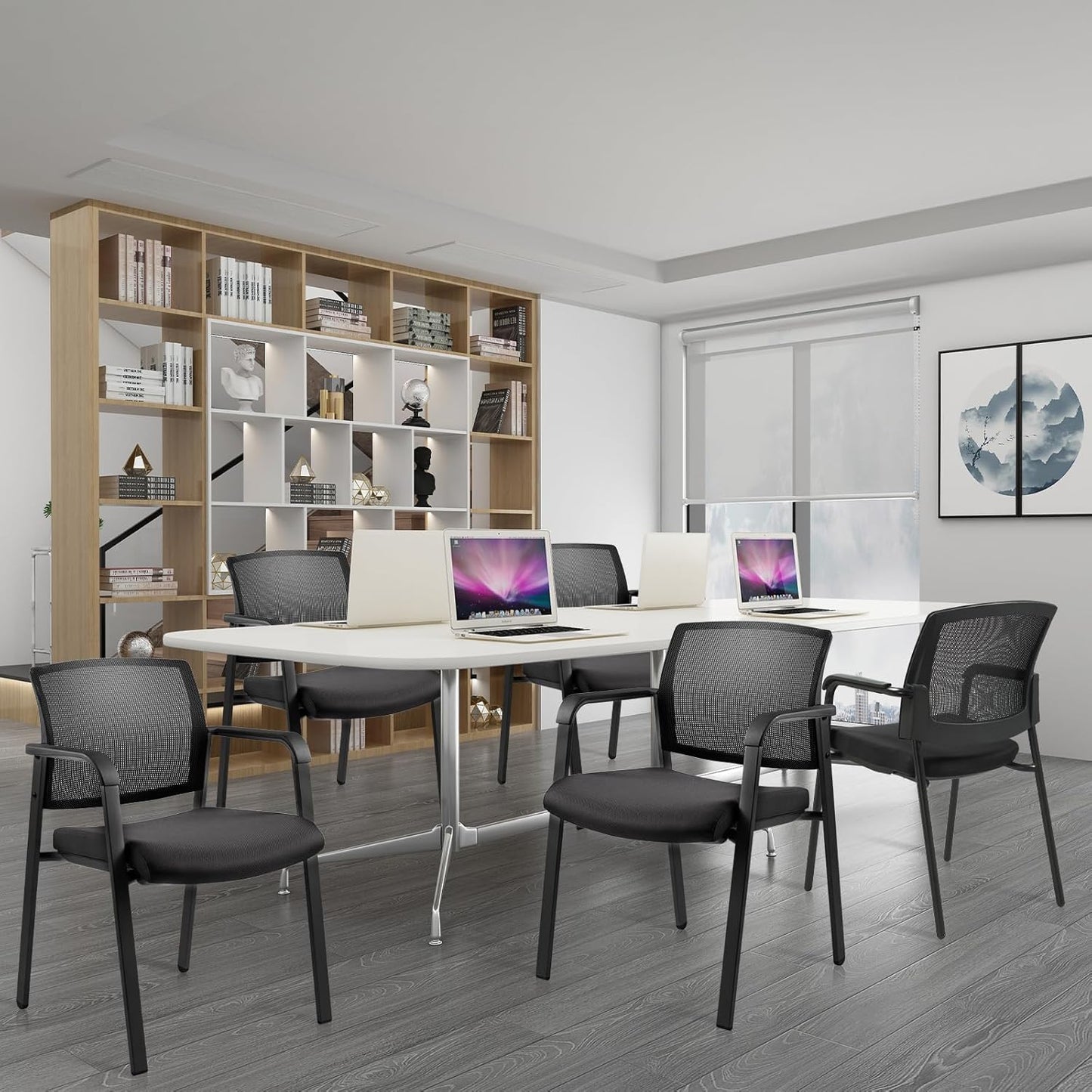 CLATINA Mesh Back Stacking Arm Chairs with Upholstered Fabric Seat and Ergonomic Lumber Support for Office School Church Guest Reception Black 4 Pack Set New Version