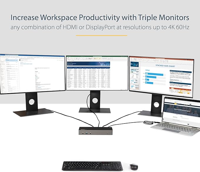 StarTech.com USB-C / USB-A Hybrid Docking Station for MacBook Pro / Air M1 M2 M3 M4 & Windows, Universal Triple 4K 60Hz HDMI DP Dock, Thunderbolt Compatible, 85W Laptop Charging - TAA
