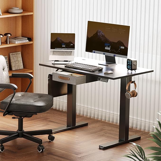 Seang Standing Desk with Drawer, 40" x 24" Height Adjustable Stand Up Desk, 3 Memory Height Settings with Cable Grommets & Storage Hooks, Ideal for Home & Office, Black