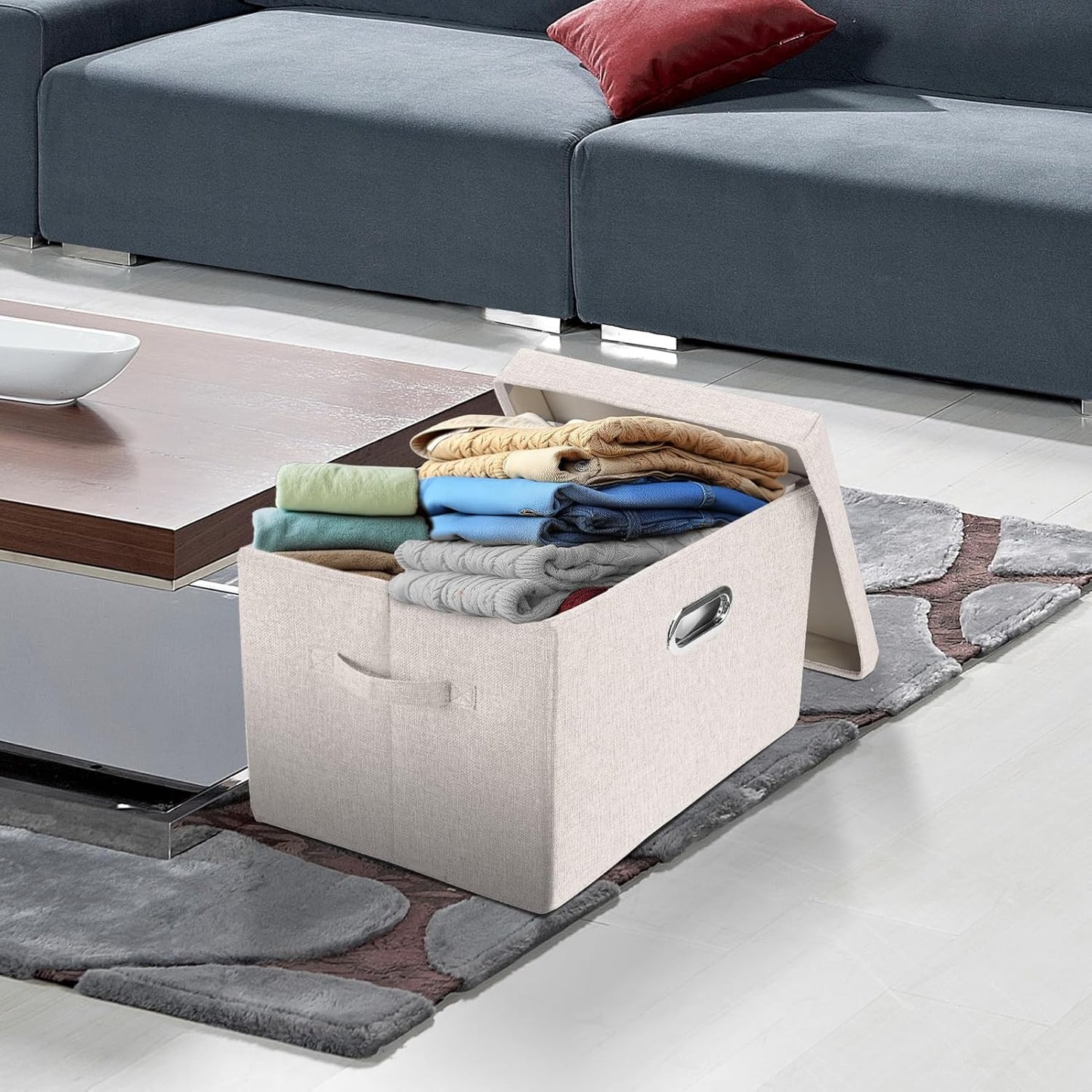 TYEERS Large Storage Bins with Lids, Collapsible, Washable, Fabric Storage Boxes for Organizing, 17.3x11.8x11.4 inches, 5 Pack, Beige