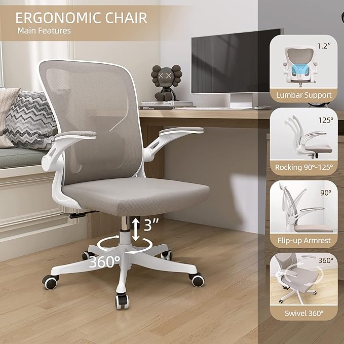 Monhey Office Chair Ergonomic Desk Chair with Lumbar Support&Headrest&Flip-up Arms Height Adjustable Rocking Swivel High Back Computer Chair Warm Taupe Mesh Study Chair (01Khaki)