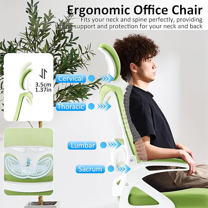 Fizzin Ergonomic Office Chair 400 LBS, High Back Desk Chair with Adjustable Lumbar Support, Mesh Computer Chair with Thicker Seat Cushion and Tilt Function for Home Offices (Green)