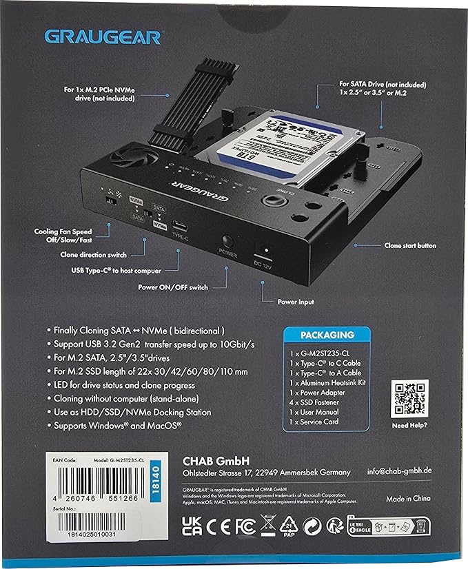 GRAUGEAR M.2 NVMe & SATA SSD/HDD Docking Station, USB-C 10Gbps Clone Station for M.2 PCIe NVMe + SATA 2.5”/3.5” SSD & HDD Converter, Offline Cloning, Tool-Free, Built-in Cooling Fan