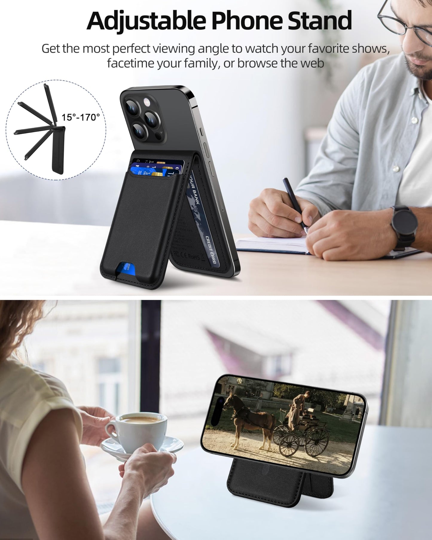 for Magsafe Wallet, Works with Apple Find My, Strongest Magnetic Wallet for iPhone 16/15/14/13/12 Series, for iPhone Walle t with Adjustable Stand, 3 Card Slots, 6 Cards Holder, Vegan Leather, Black
