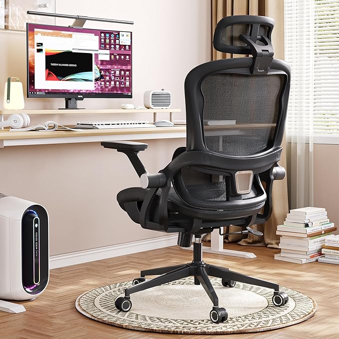 Monhey Office Chair Ergonomic Desk Chair with Lumbar Support&Headrest&Flip-up Arms Height Adjustable Rocking Swivel High Back Computer Chair Warm Taupe Mesh Study Chair (04black)