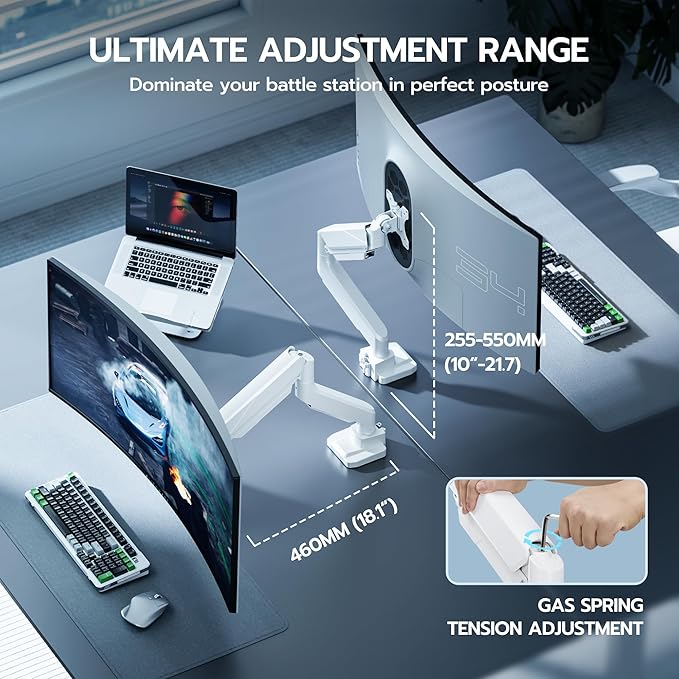 ARES WING Ultrawide Single Monitor Arm, Heavy Duty Monitor Mount for 13"-45" Curved Screens, Adjustable Stand for Desk with C-clamp & Grommet Base up to 40 LBS, White