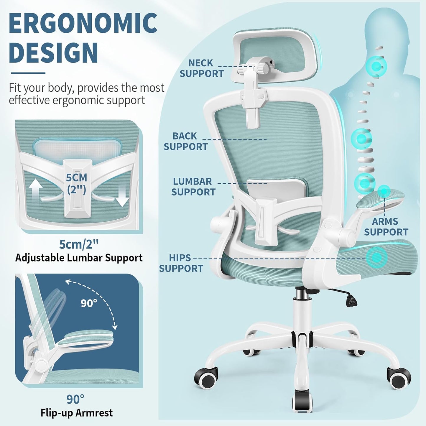 FelixKing Ergonomic Office Chair, Headrest Desk Chair Office Chair with Adjustable Lumbar Support, Home Office Swivel Task Chair with High Back and Armrest, Adjustable Height Gaming Chair(Light Blue)