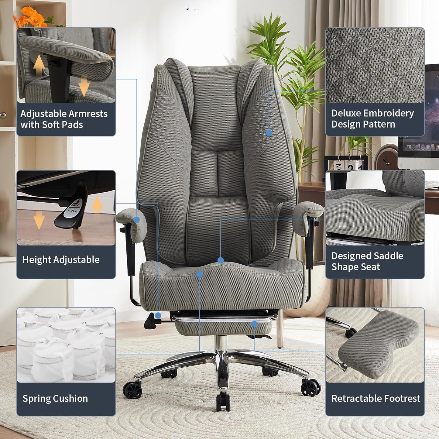 Big and Tall Office Chair 400lbs Wide Seat, Leather High Back Executive Office Chair with Foot Rest, Ergonomic Chairs Lumbar Support for Lower Back Pain Relief (Mesh Light Grey)