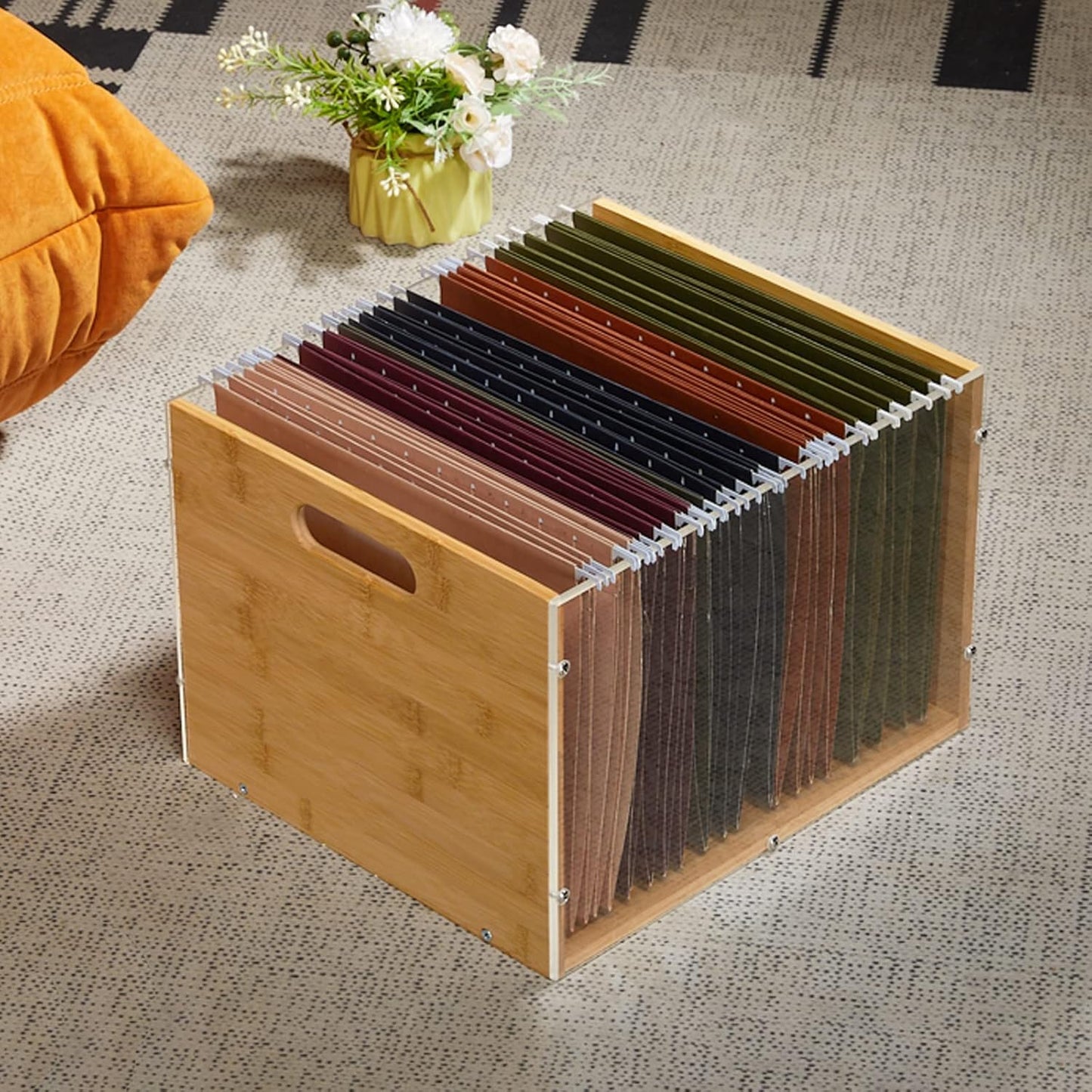Clear Acrylic File Box Organizer, Bamboo Hanging Folder Storage Boxes, Filing Crate Bin Holder with Handle for Home Office Desk, Letter Size