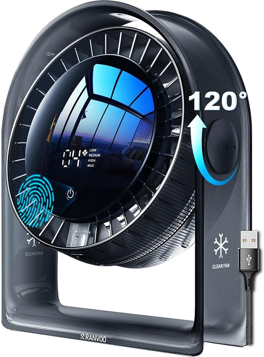 2025 New Desk Fan, Quiet Air Circulator Mini Fan for Bedroom, Portable Smart Display USB Fan, 4 Speeds Strong Airflow, 120°Tilt, Small Desktop Table Fans For Office Bedside Room, Translucent Black