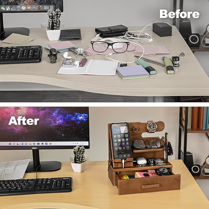 TESLYAR Wood Phone Docking Station with Drawer - Nightstand Organizer - Desk Organizer for Husband - Birthday Gifts for Men, Dad, Anniversary Idea, Key Holder Stand Watch & Accessories (Desert Beige)