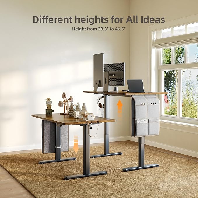 Claiks Electric Standing Desk Adjustable Height with Spacious Storage Bag, 48x24 Inch Stand Up Desk with Headphone Hook, Sit Stand Table for Home Office Computer Workstation, Rustic Brown