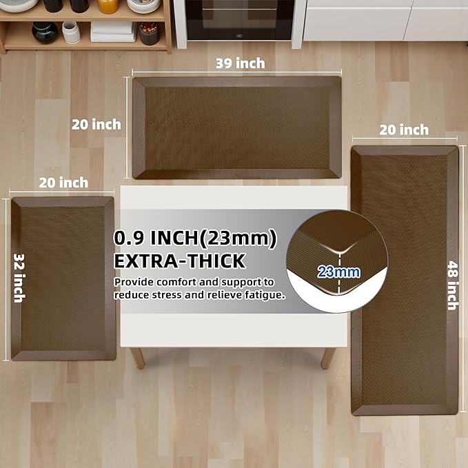 Anti Fatigue Kitchen Mats for Floor, Brown 9/10 Extra Thick Cushioned Standing Desk Mat, Comfort Memory Foam Ergonomic Kitchen Rugs and Mats Non-Slip Waterproof for Office, Kitchen, Sink, 20" x 39"