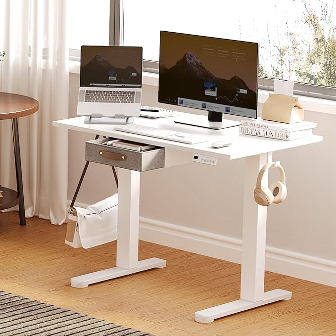 Seang Standing Desk with Drawer, 40" x 24" Height Adjustable Stand Up Desk, 3 Memory Height Settings with Cable Grommets & Storage Hooks, Ideal for Home & Office, White