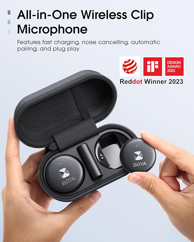 BOYA Omic Wireless Microphone for iPhone/Android with MFi Certified Lightning/USB-C Plug, Noise Reduction, 164ft 30H Battery Life with Charging Case, iPhone Microphone for Video Recording-Black