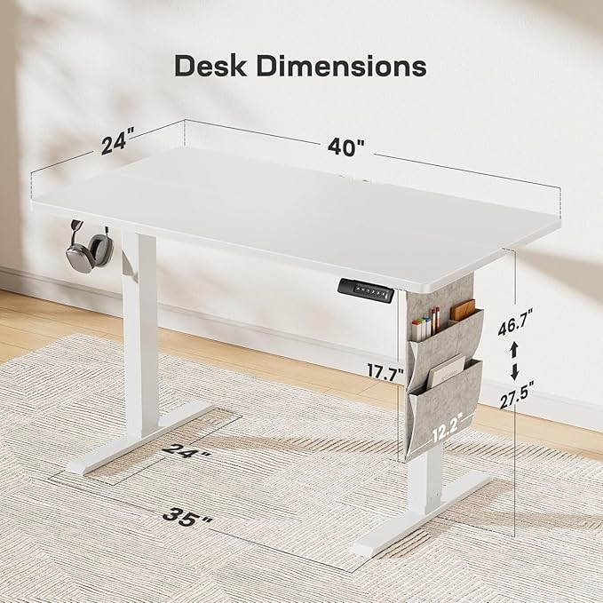 HUANUO Electric Standing Desk, 40 x 24 Inch Height Adjustable Computer Desk with Storage Bag, 4 Height Memory Settings, Sit Stand Up Desk for Home Office, White
