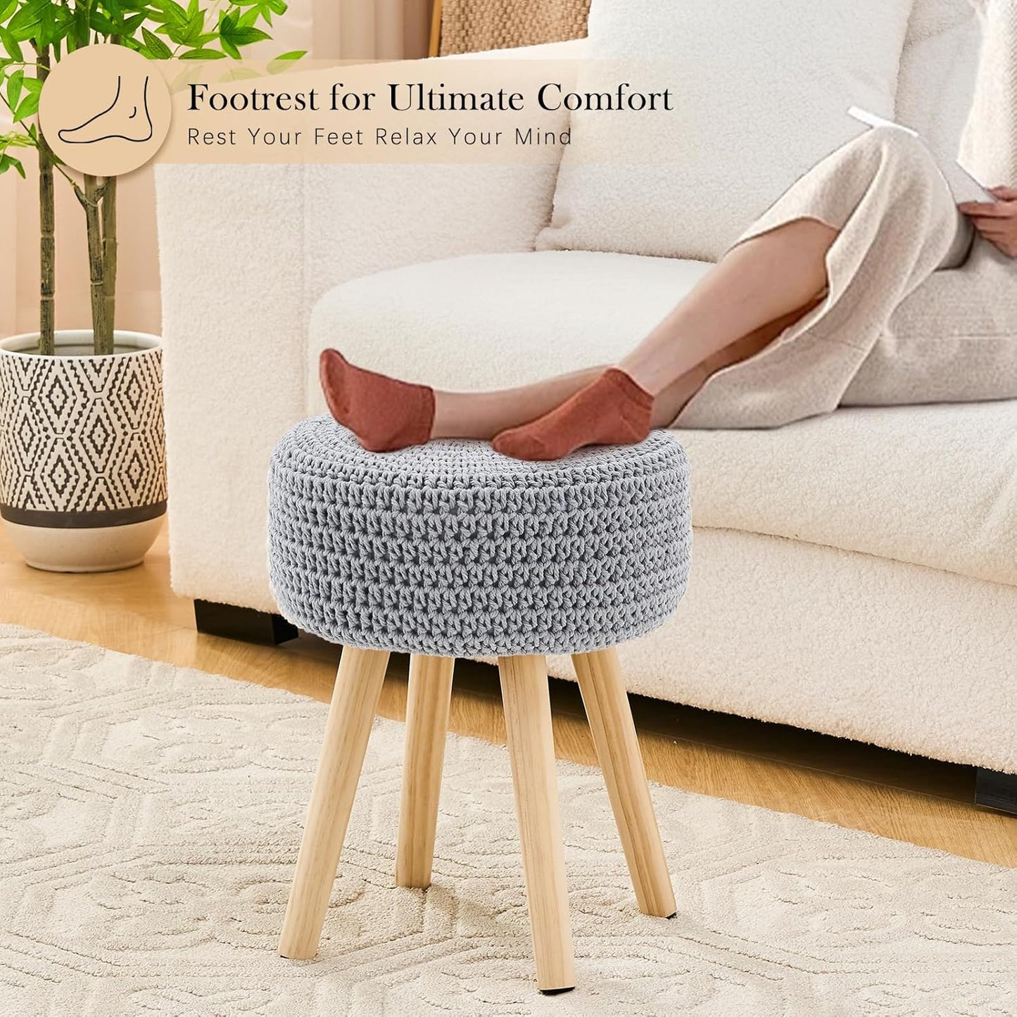 Cotton Knitted Ottoman Round Footstool Vanity Stool Modern Ottoman Footrest Stool with Non-Skid Wood Legs for Living Room Bedroom Grey
