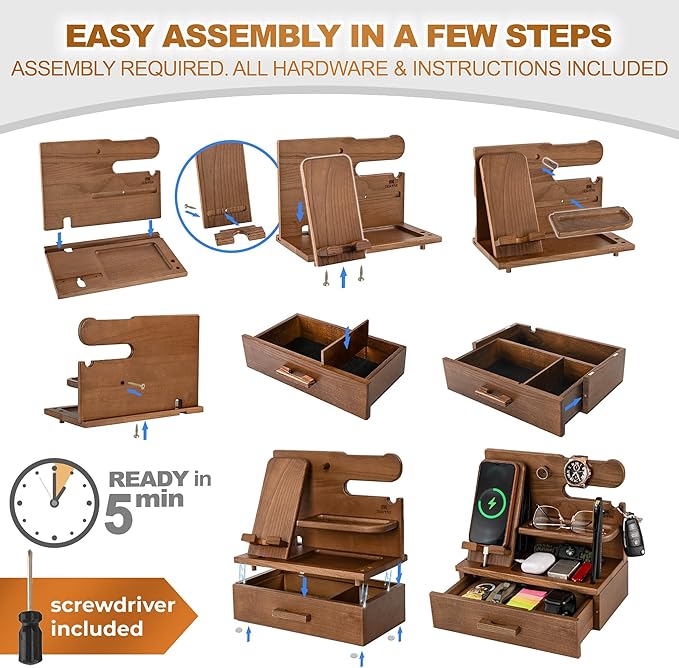 TESLYAR Wood Phone Docking Station with Drawer - Nightstand Organizer - Desk Organizer for Husband - Birthday Gifts for Men, Dad, Anniversary Idea, Key Holder Stand Watch & Accessories (Desert Beige)