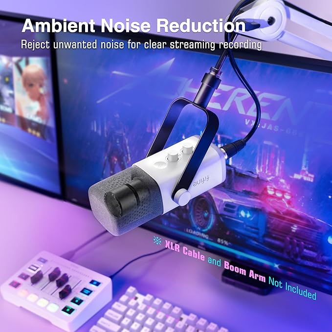 FIFINE XLR/USB Gaming Microphone for Streaming Podcasting, PC Computer RGB Mic, with Gain Knob, Mute Button, Monitoring Jack, Gamer Mic for Recording Video Creation-AmpliGame AM8 White
