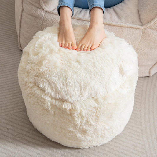 HIGOGOGO Round Stuffed Pouf Ottoman, Long Faux Fur Poufs with Foam Chunk Filling, Fluffy and Furry Pouf Foot Stool Storage Ottoman, 20 X 15 Floor Poufs Foot Rest for Living Room, Beige