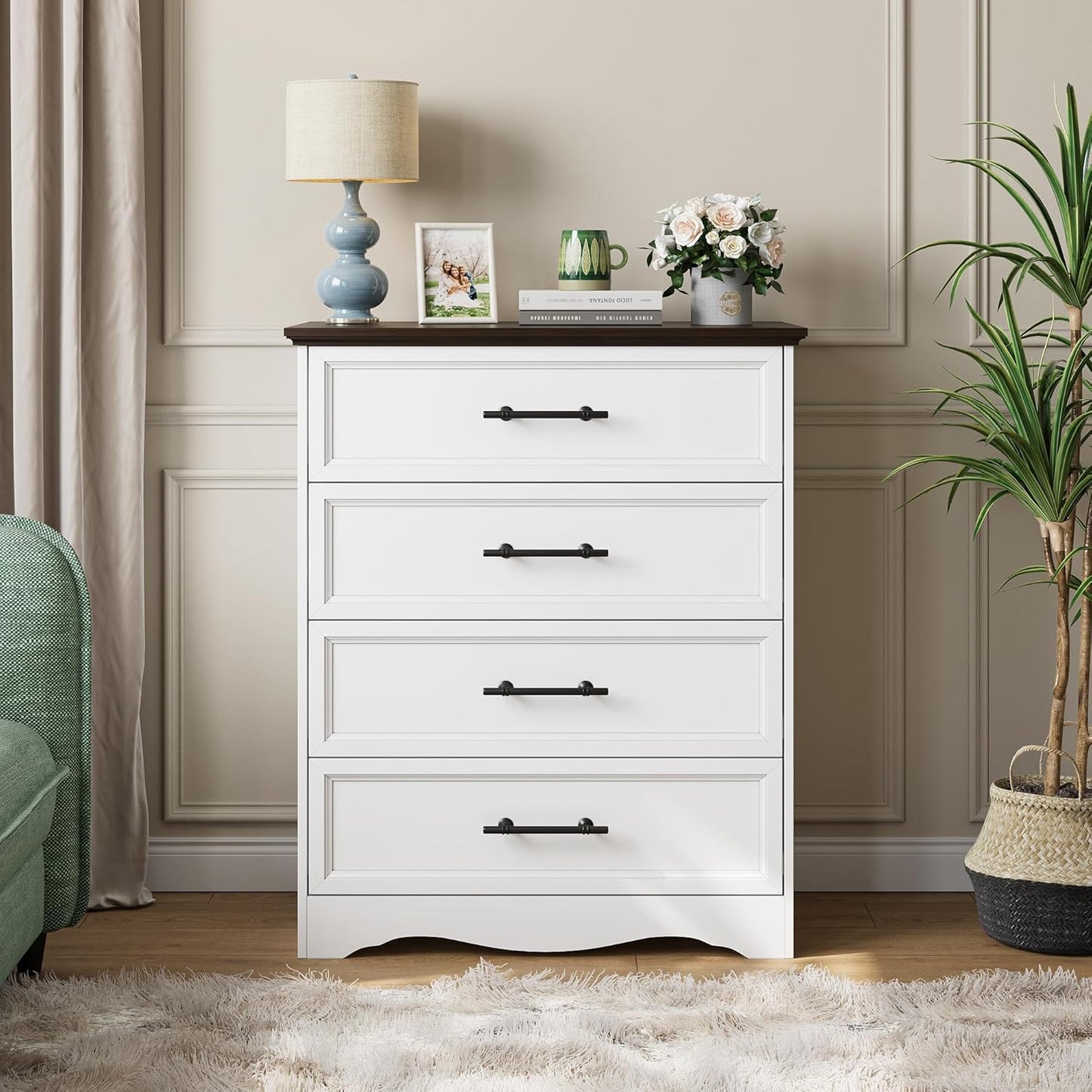 White Farmhouse Dresser for Bedroom, 36" Tall 4 Drawer Chest with Sleek Brushed Metal Handles, Modern Wood Storage Cabinet with Unique Base Design, Closet Organizer for Bedroom, Living Room, Hallway