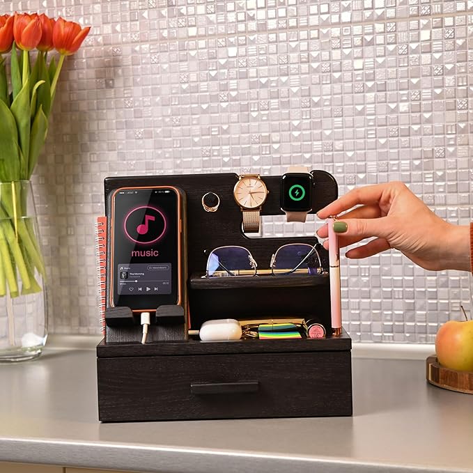 TESLYAR Wood Phone Docking Station with Drawer - Nightstand Organizer - Desk Organizer for Husband - Birthday Gifts for Men, Dad, Anniversary Idea, Key Holder Stand Watch & Accessories (Granite Black)