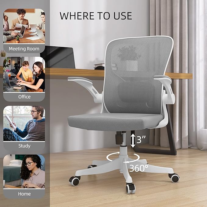 Monhey Office Chair Ergonomic Desk Chair with Lumbar Support&Headrest&Flip-up Arms Height Adjustable Rocking Swivel High Back Computer Chair Warm Taupe Mesh Study Chair (01White+Gray)