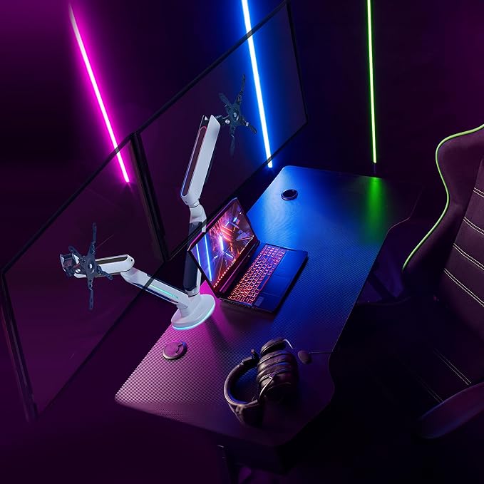 AVLT Dual 27”-43” RGB Gaming Monitor Arm Desk Mount Built-in 20 Lighting Modes Touch Button Control Fits Flat/Curved/Ultrawide Screen Height Swivel Tilt Rotation Adjustable Stand -White