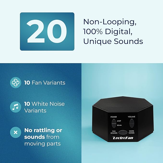 Adaptive Sound Technologies LectroFan Classic White Noise Machine - Global Power Edition with Adaptors for US, UK & EU - 20 Non-Looping Fan & White Noise Variations - Black