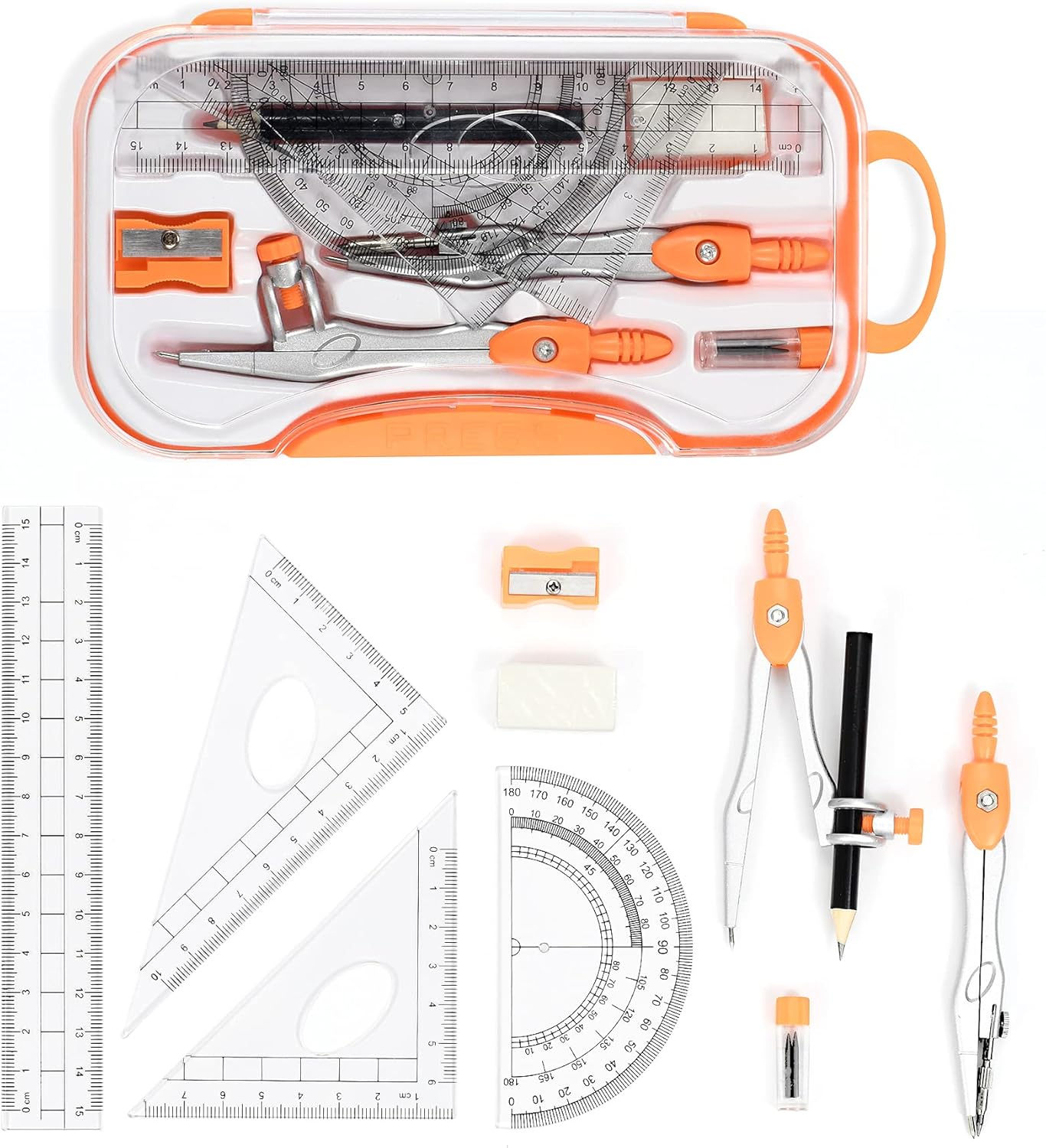 Math Geometry Kit Sets 10 Piece Student Supplies with Shatterproof Storage Box,Includes Rulers,Protractor,Compass,Eraser,Pencil Sharpener,Lead Refills,Pencil,for Drafting and Drawings（Orange）