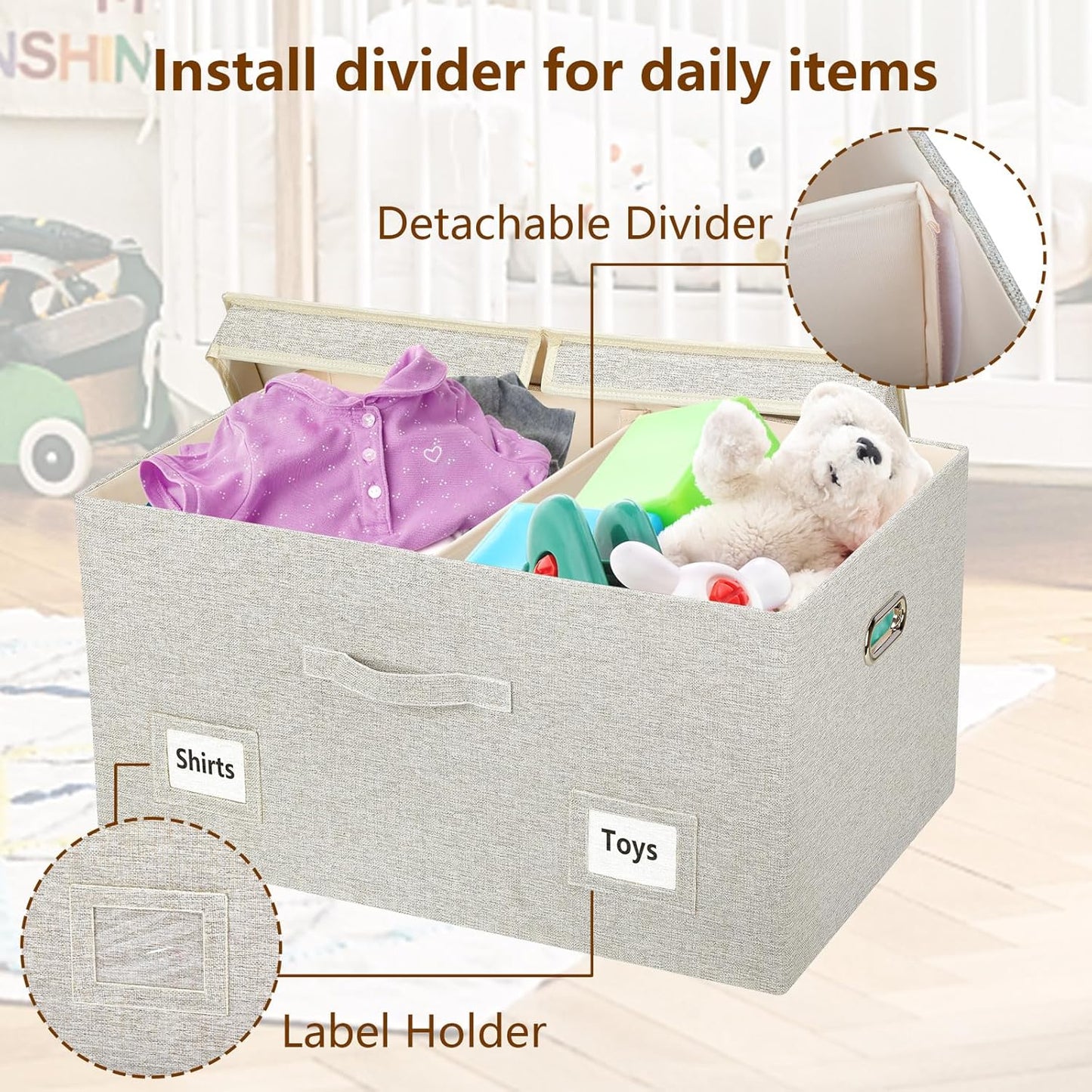 75 Quarts Extra Large Decorative Storage Bins with Lids, 3 Packs Beige Collapsible Storage Bins with Lids, Stackable Storage Bins Decorative Box Storage With Lid Extra Large