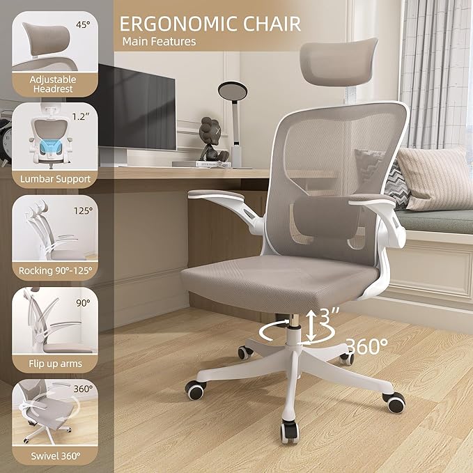 Monhey Office Chair Ergonomic Desk Chair with Lumbar Support&Headrest&Flip-up Arms Height Adjustable Rocking Swivel High Back Computer Chair Warm Taupe Mesh Study Chair (04White+Khaki)