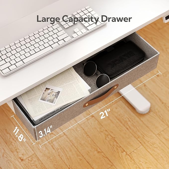 Seang Standing Desk with Drawer, 48" x 24" Height Adjustable Stand Up Desk, 3 Memory Height Settings with Cable Grommets & Storage Hooks, Ideal for Home & Office, White