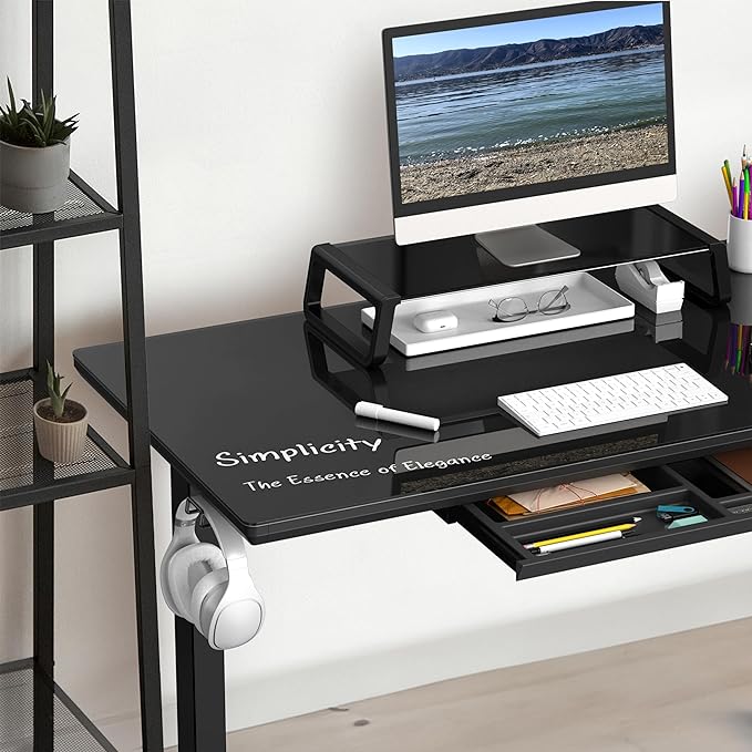 SHW 48x24 Glass Electric Height Adjustable Standing Desk – Motorized Sit Stand Desk with Monitor Riser, Pull-Out Drawer, Memory Presets, Black