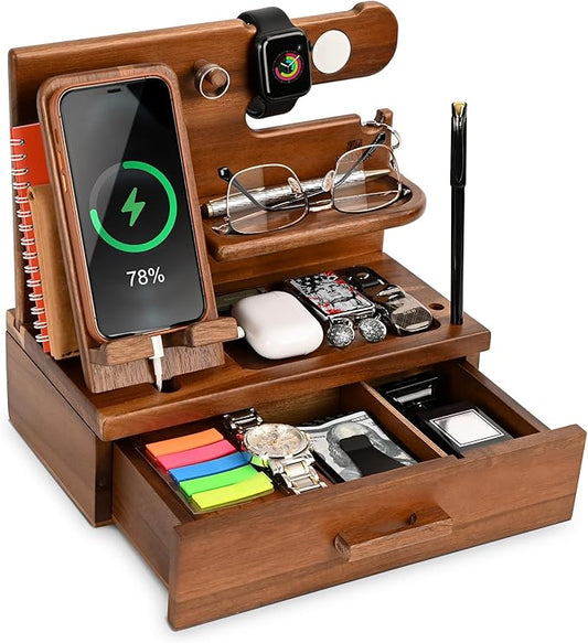 TESLYAR Wood Phone Docking Station with Drawer - Nightstand Organizer - Desk Organizer for Husband - Birthday Gifts for Men or Dad - Anniversary Idea - Key Holder Stand Watch & Accessories (Walnut)