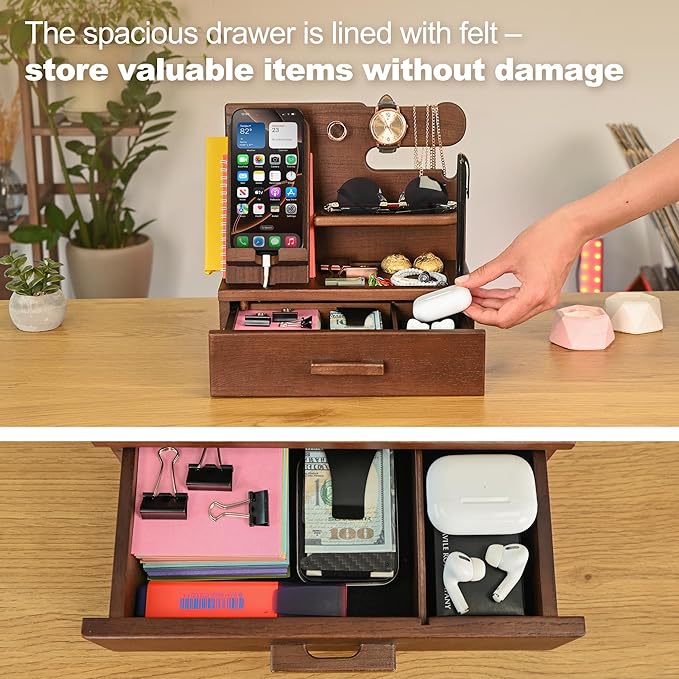 TESLYAR Wood Phone Docking Station with Drawer - Nightstand Organizer - Desk Organizer for Husband - Birthday Gifts for Men, Dad, Anniversary Idea, Key Holder Stand Watch & Accessories (Antique Brown)