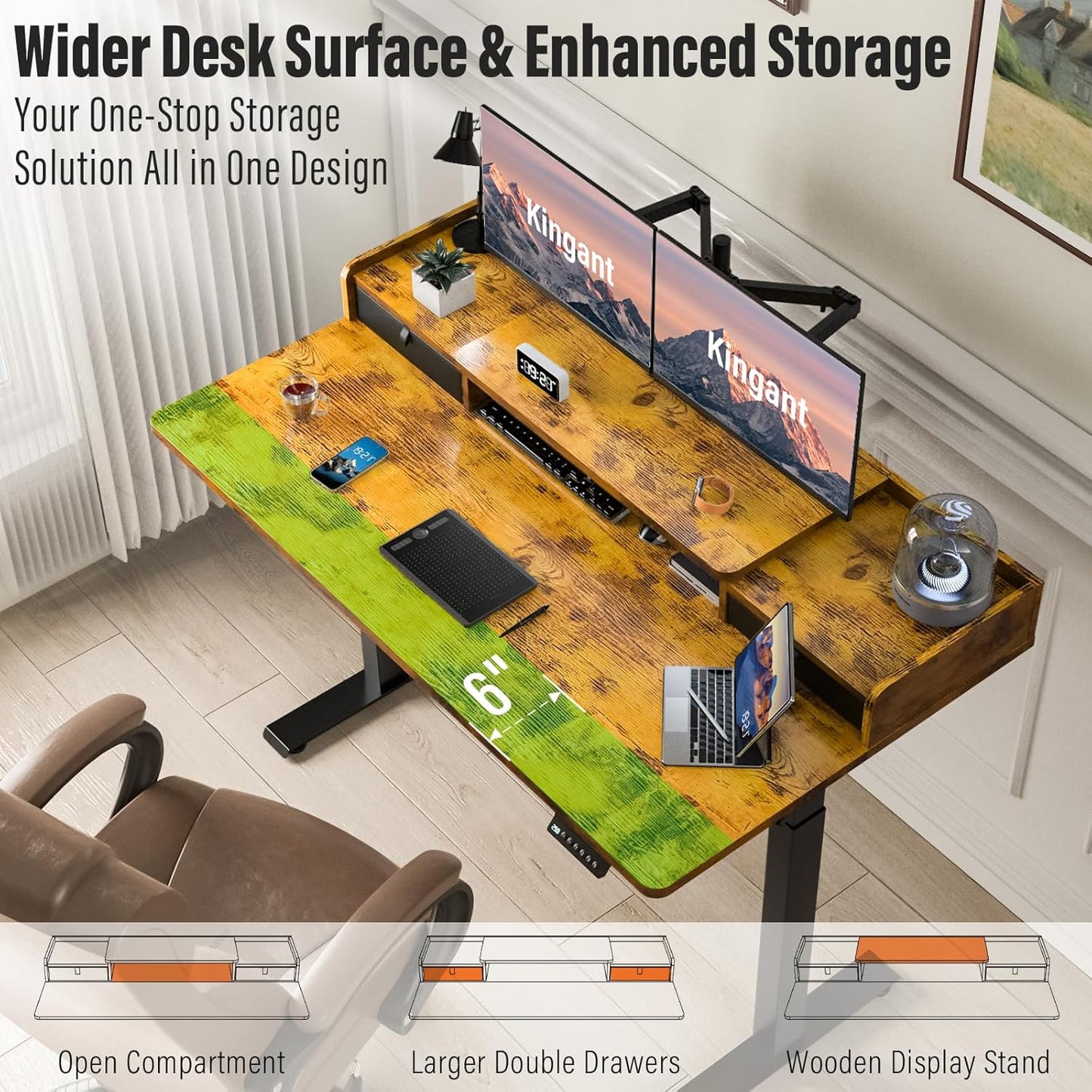 Standing Desk with Drawers,Thickened Table Legs Sit Stand Desk Electric for Home Office & Gaming,Ergonomic Stand Up Desk Cable Management Tray(Classic Black) (Rustic Brown, 48″ x 30″)