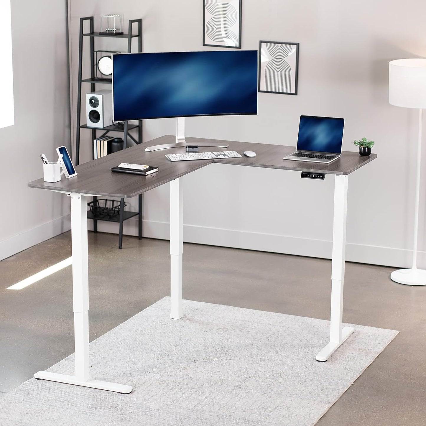 VIVO Electric Corner L-Shaped 63 x 55 in Standing Desk, Memory Height Adjustment, Dark Gray Top White Frame, DESK-E3CTWG
