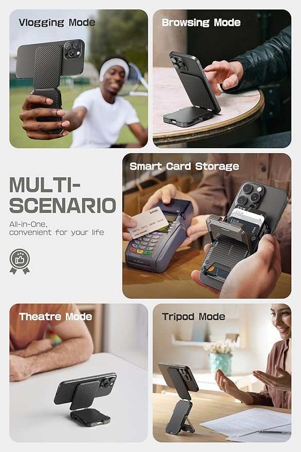 SUPCASE for MagSafe Wallet with Stand, Magnetic Wallet for Men, [Hold 5 Cards] [Adjustable Stand] [RFID Blocking] Phone Stand Credit Card Holder Tripod for iPhone 16/15/14/13/12 Series, Carbon